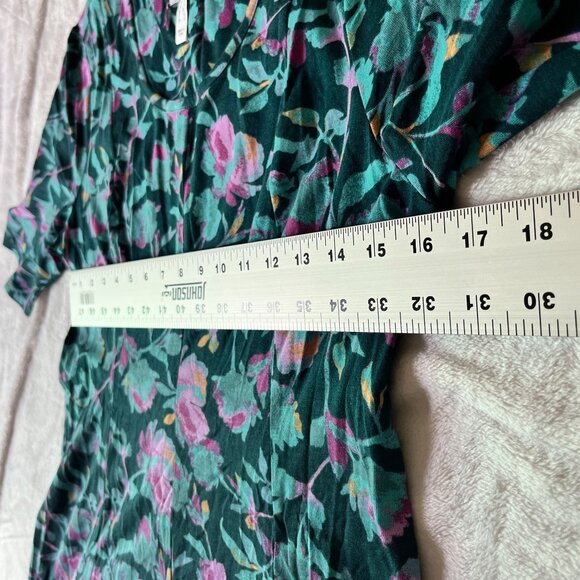 D&Co Denim Womens Floral Short Sleeve A-Line Tunic Top XS Teal Purple Stretchy - Picture 5 of 9